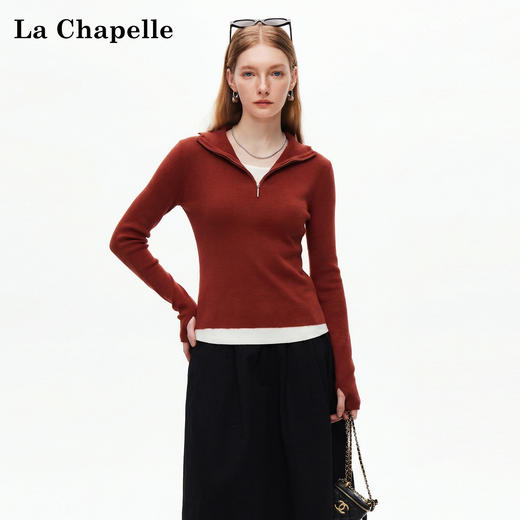 天猫同步【复古明艳港风】拉夏贝尔/La Chapelle连帽半拉链撞色拼接假两件针织衫修身显瘦打底衫内外搭 商品图0