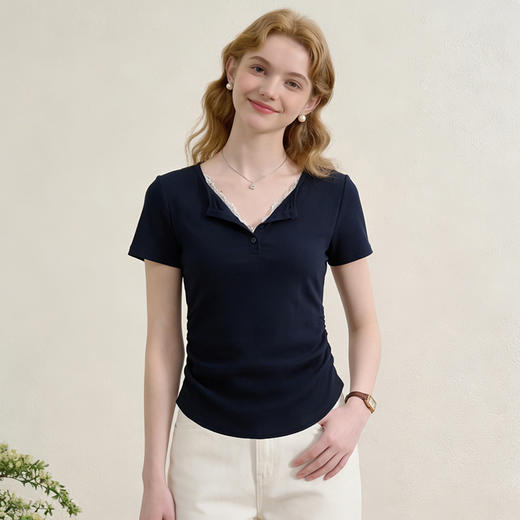 西遇蕾丝拼接2026春夏新款假两件女纯欲褶皱收腰显瘦上衣短袖T恤H0060190 商品图1