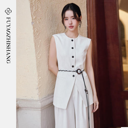 FUYAO扶摇直上 戏蕴东方风 条纹阔腿裤两件套女夏老钱风无袖外套 商品图4