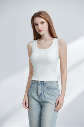 【满2件/99元】【秀黛】女时尚罗纹罩杯圆领背心方领露锁骨微收腰罩杯固定杯垫提托支撑显瘦背心W2776011T【门店同款】