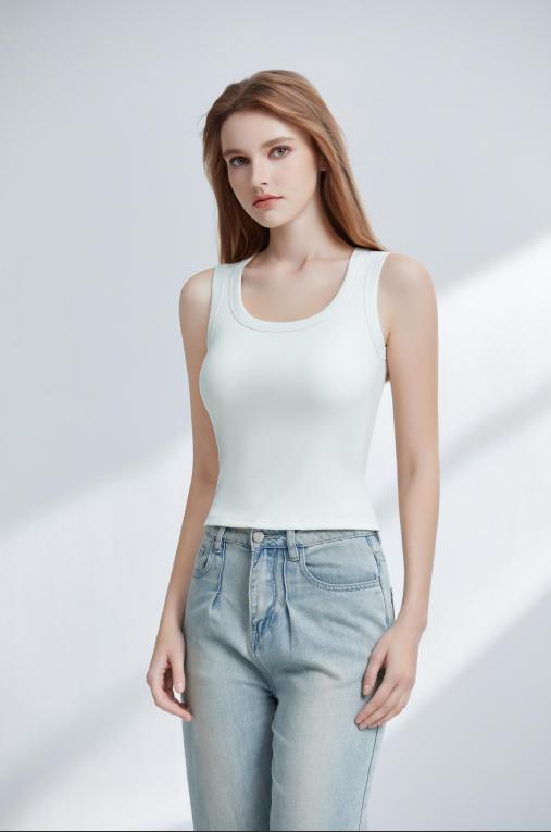 【满2件/99元】【秀黛】女时尚罗纹罩杯圆领背心方领露锁骨微收腰罩杯固定杯垫提托支撑显瘦背心W2776011T【门店同款】 商品图0