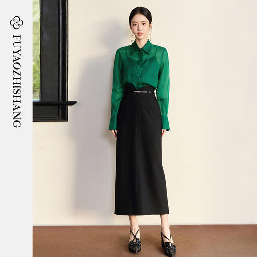 FUYAO扶摇直上 桑蚕丝100%衬衫女古典风七分袖墨绿色翻领气质上衣 商品图1