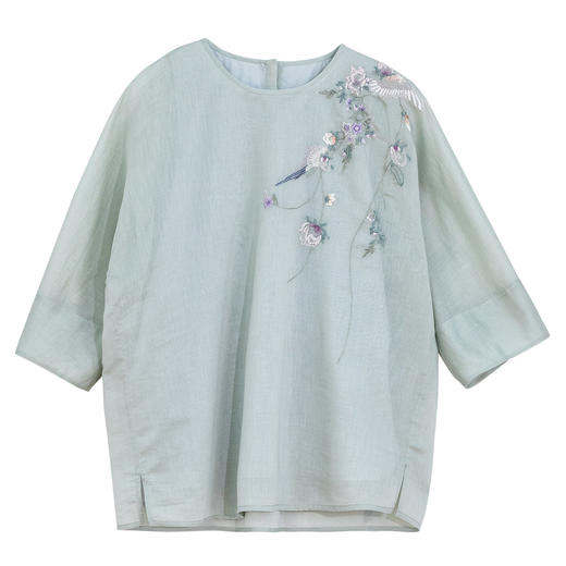 牧衣游原创 丝棉手工刺绣小衫女新款古朴禅意七分袖圆领上衣 素笺 商品图4