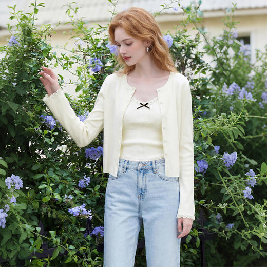 西遇甜美蝴蝶结2026春新款结蕾丝拼接吊带背心长袖针织两件开衫H0060192 商品图2