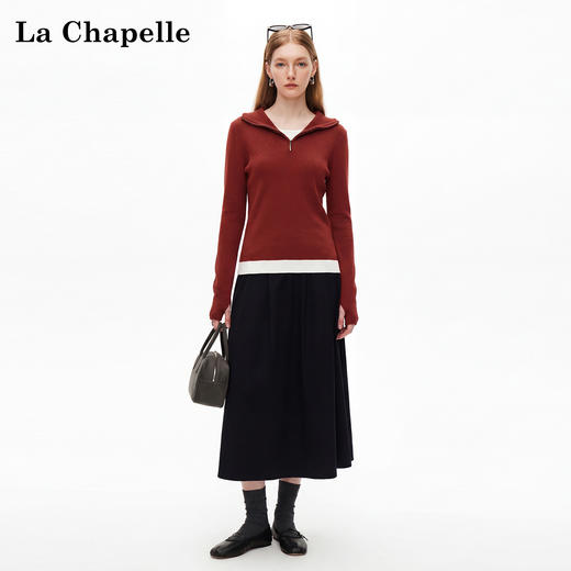 天猫同步【复古明艳港风】拉夏贝尔/La Chapelle连帽半拉链撞色拼接假两件针织衫修身显瘦打底衫内外搭 商品图2