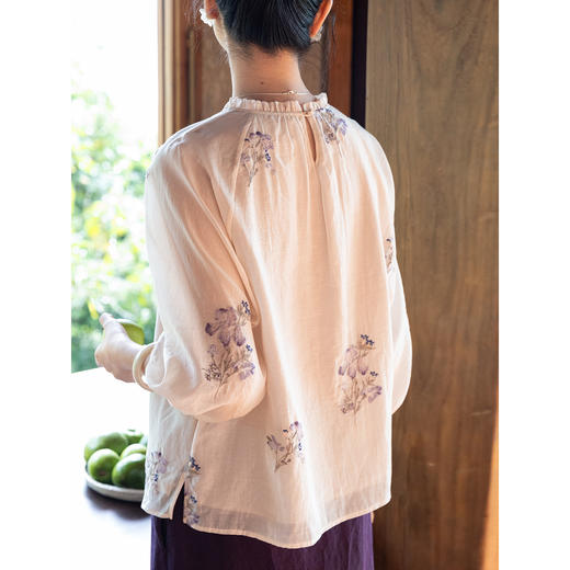 牧衣游原创 丝棉匹绣小衫女新款轻薄文艺圆领套头七分袖上衣 溪亭 商品图2