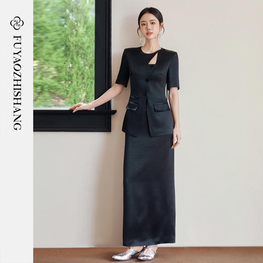 FUYAO扶摇直上 不费力优雅感黑色两件套女夏醋酸西装半身裙旗袍风 商品图1
