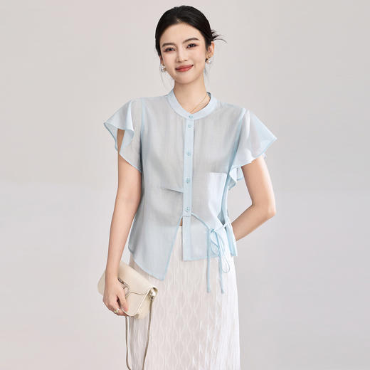 「高货wl」全新升级【铂金会员220/天猫299/差价79】(72312)洛诗琳法式气质荷叶袖衬衫2026新款绑带天丝醋酸混纺上衣 商品图0