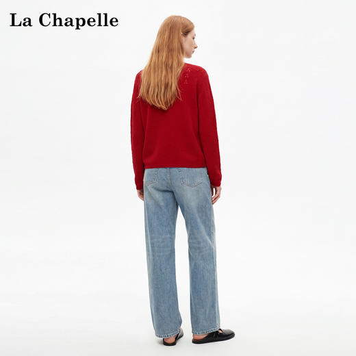 天猫同步【绵羊毛+ 山羊绒】拉夏贝尔/La Chapelle五色圆领镂空拼接套头针织衫宽松慵懒风氛围感毛衣上衣 商品图4