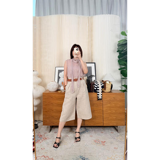 女爵士魅力 定纺60亚麻40棉混纺 高腰七分阔腿裤 抗皱挺括时髦款 商品图0