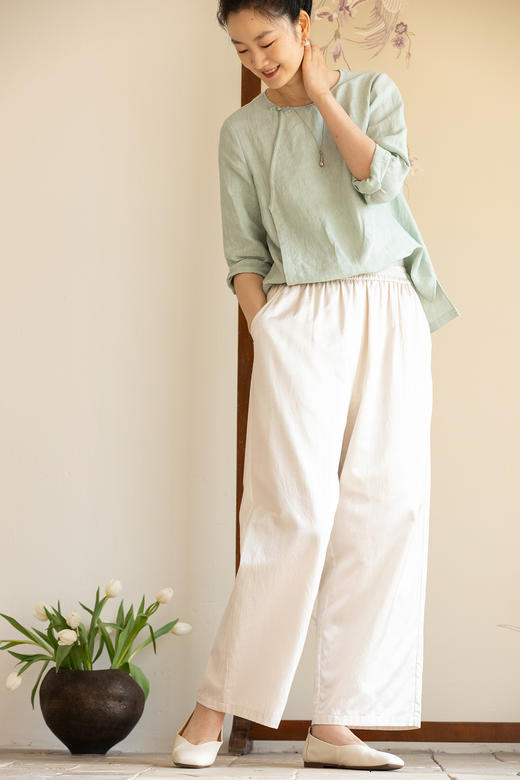 牧衣游原创 重磅丝棉净色裤子新款宽松显瘦松紧腰百搭休闲裤 拾仪 商品图5