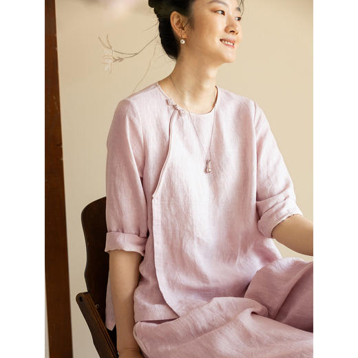 牧衣游原创 净色汉麻衬衫女新款轻薄柔软极简斜襟中式风衬衣 苍桧 商品图3