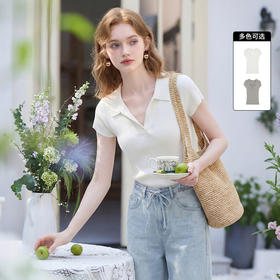 西遇淑女风法式2026春季新款简约POLO领女修身短袖T恤时尚上衣H0060193