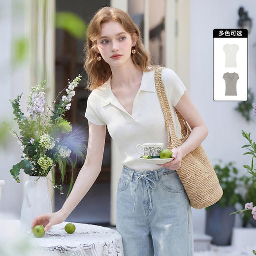 西遇淑女风法式2026春季新款简约POLO领女修身短袖T恤时尚上衣H0060193 商品图0