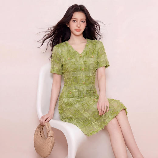 奢姿大码女装2026夏季胖妹妹轻奢优雅连衣裙气质V字肌理提花A字裙9962860009 商品图1