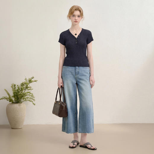 西遇浅蓝色高腰2026春季新款宽松垂感绸带腰带阔腿喇叭牛仔裤女H0060206 商品图1