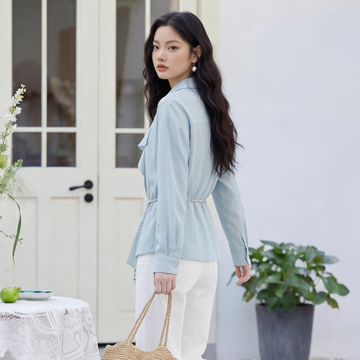西遇法式气质慵懒风2026春季新款蓝色荷叶边长袖衬衫宽松显瘦衬衣H0060201 商品图4