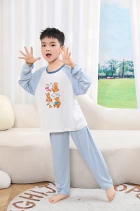 【7.5折限时特惠】【秀黛】男童圆领印花长袖空调衫柔软亲肤插肩袖撞色萌趣睡衣套装W1441008T【门店同款】