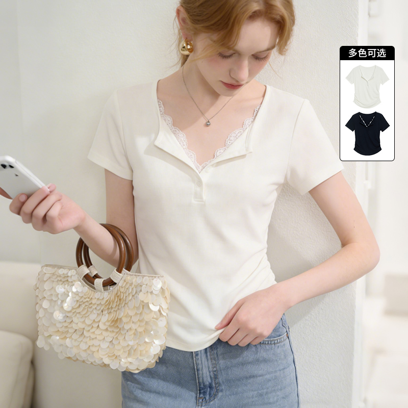 西遇蕾丝拼接2026春夏新款假两件女纯欲褶皱收腰显瘦上衣短袖T恤H0060190