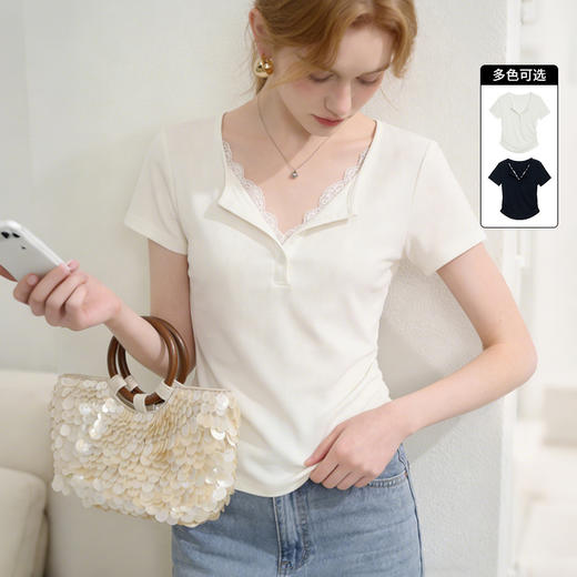 西遇蕾丝拼接2026春夏新款假两件女纯欲褶皱收腰显瘦上衣短袖T恤H0060190 商品图0
