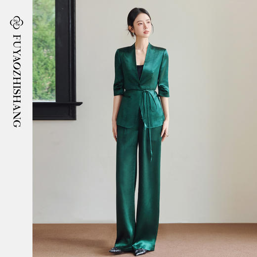 FUYAO扶摇直上 极简浪漫墨绿色西装套装女夏季七分袖轻奢醋酸西服 商品图1