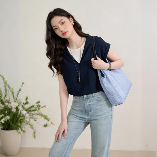 西遇蓝色短袖衬衫2026春季新品法式小衫撞色拼接衬衣女短袖上衣H0060198 商品图2