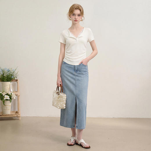 西遇蕾丝拼接2026春夏新款假两件女纯欲褶皱收腰显瘦上衣短袖T恤H0060190 商品图2