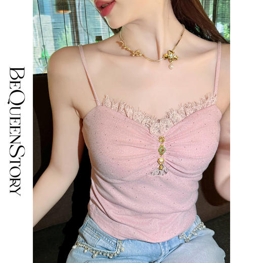 【大货捡漏，不退不换】  【粉樱甜茶】透气轻薄弹力针织拼接蕾丝性感百搭吊带 商品图2