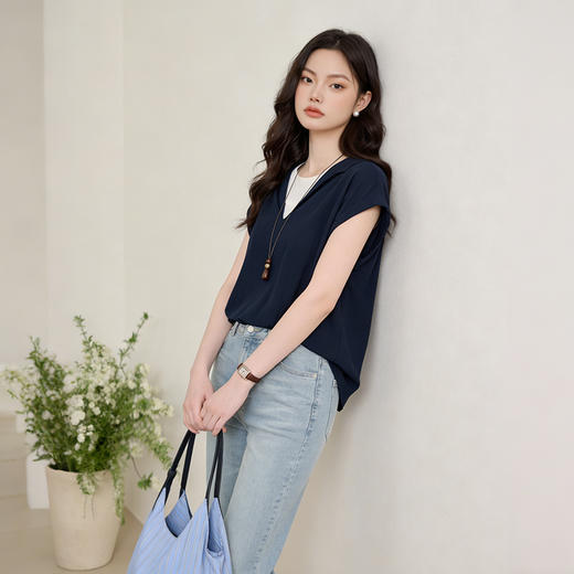 西遇蓝色短袖衬衫2026春季新品法式小衫撞色拼接衬衣女短袖上衣H0060198 商品图3