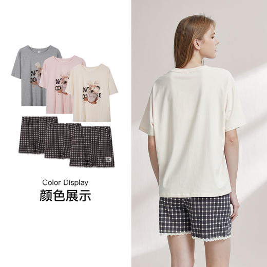 【7.5折限时特惠】【主推款】【秀黛】女圆领卡通图案短袖套装棉软糯垂坠蕾丝甜美女士夏季短袖睡衣家居服套装W2551063T【门店同款】 商品图3