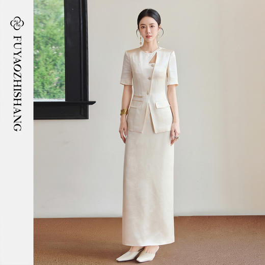 FUYAO扶摇直上 轻奢风短袖西装套装女圆领醋酸西服白色半裙两件套 商品图3