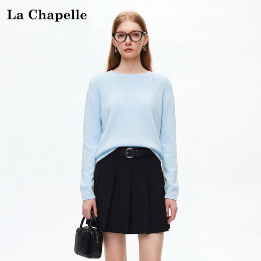 天猫同步【绵羊毛+ 山羊绒】拉夏贝尔/La Chapelle五色圆领镂空拼接套头针织衫宽松慵懒风氛围感毛衣上衣 商品图3