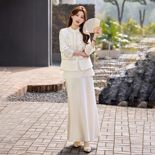 春季新款中式钉珠亮片国风重工刺绣马甲衬衫半裙三件套HMQY2604-2 商品图2