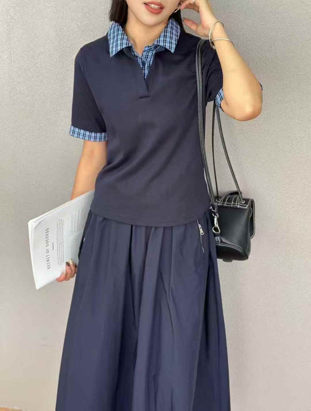 T56430#学院风假两件格纹拼接Polo衫