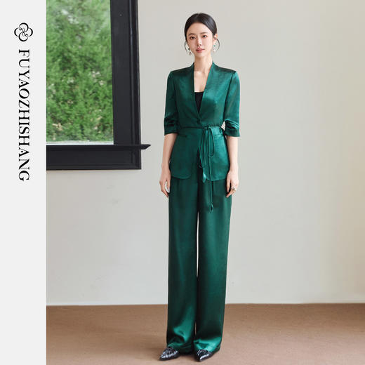 FUYAO扶摇直上 极简浪漫墨绿色西装套装女夏季七分袖轻奢醋酸西服 商品图3