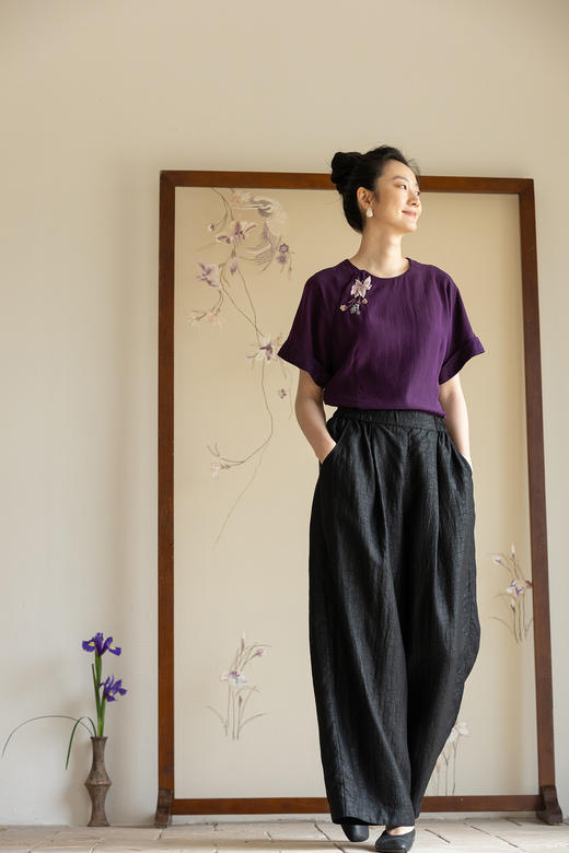 牧衣游原创 龟纹香云纱休闲长裤女新款黑色宽松禅意百搭裤子 欣雨 商品图5