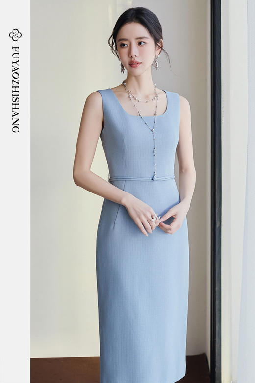 FUYAO扶摇直上 高智感无袖连衣裙女蓝色方领背心裙轻奢醋酸裙子夏 商品图5