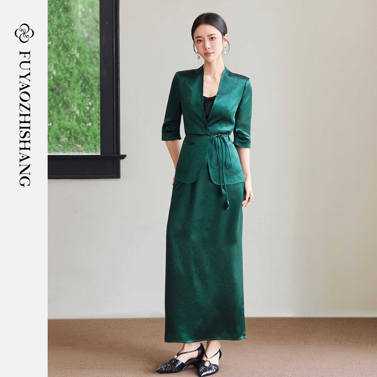 FUYAO扶摇直上 智序美学风 醋酸时尚套装女夏季七分袖西装两件套