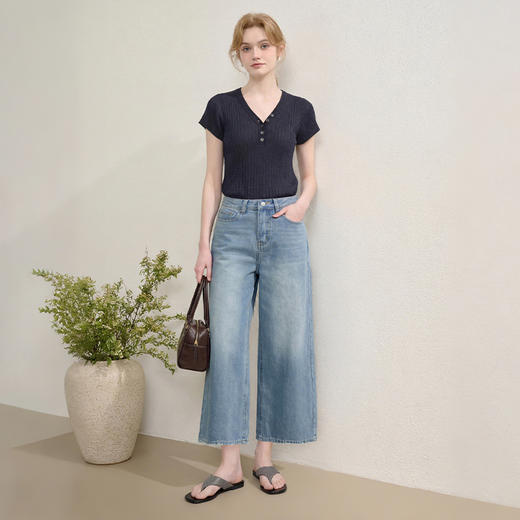 西遇浅蓝色高腰2026春季新款宽松垂感绸带腰带阔腿喇叭牛仔裤女H0060206 商品图3