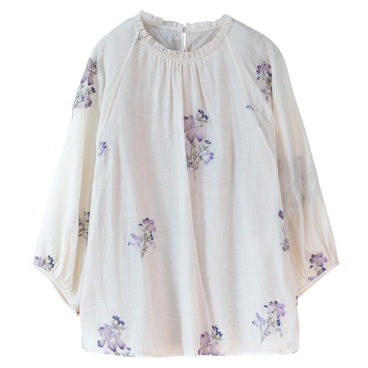 牧衣游原创 丝棉匹绣小衫女新款轻薄文艺圆领套头七分袖上衣 溪亭 商品图4