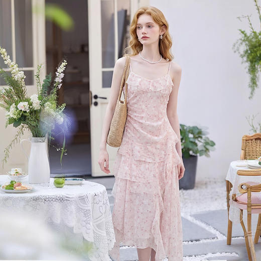 西遇双层荷叶边2026春季新款不规则飘带提花吊带长裙显瘦连衣裙H0060202 商品图4