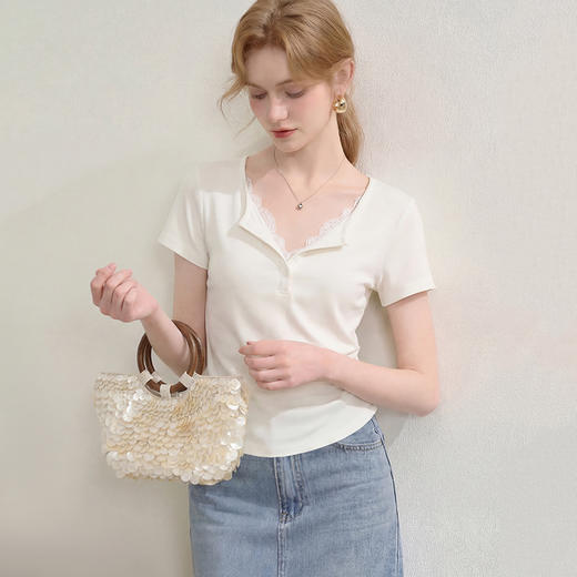 西遇蕾丝拼接2026春夏新款假两件女纯欲褶皱收腰显瘦上衣短袖T恤H0060190 商品图4