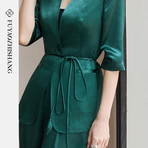 FUYAO扶摇直上 极简浪漫墨绿色西装套装女夏季七分袖轻奢醋酸西服 商品图2