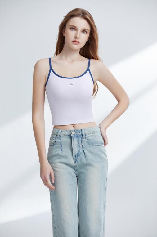 【满2件/99元】【秀黛】少女纯棉吊带棉氨混纺弹力可拆杯垫美背撞色烫花背心W2776004T【门店同款】 商品图0