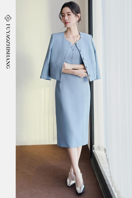 FUYAO扶摇直上 职场新贵雾霾蓝西装套裙女职业装醋酸连衣裙两件套 商品图5