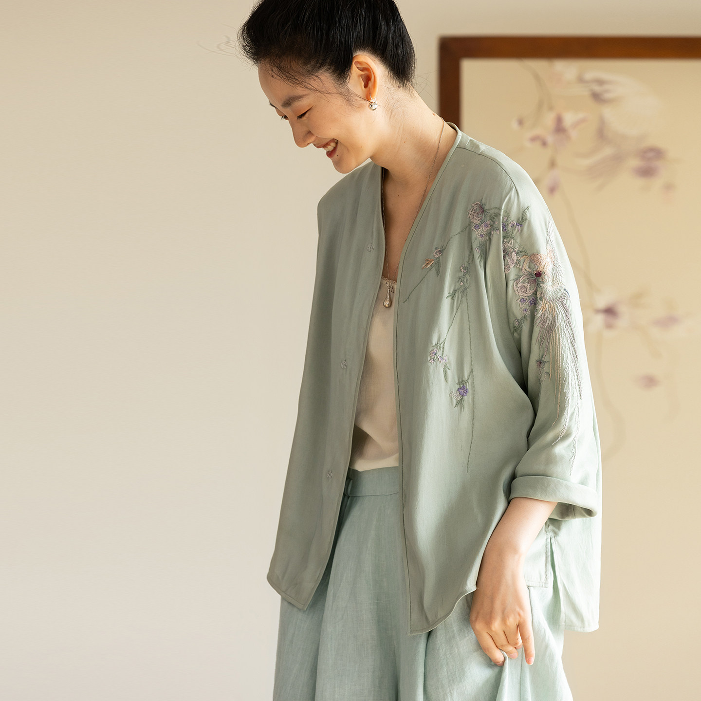 牧衣游原创 22姆米重磅双宫绸重工手绣外套古朴禅意真丝开衫 棠落