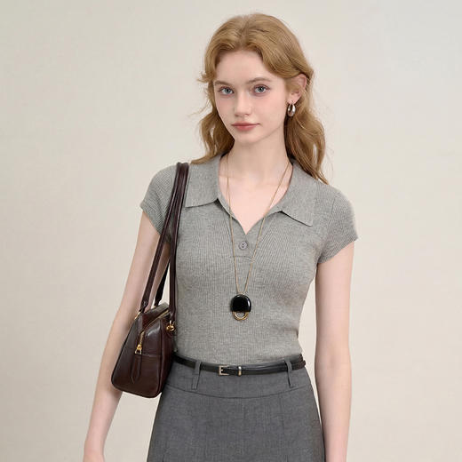 西遇淑女风法式2026春季新款简约POLO领女修身短袖T恤时尚上衣H0060193 商品图1