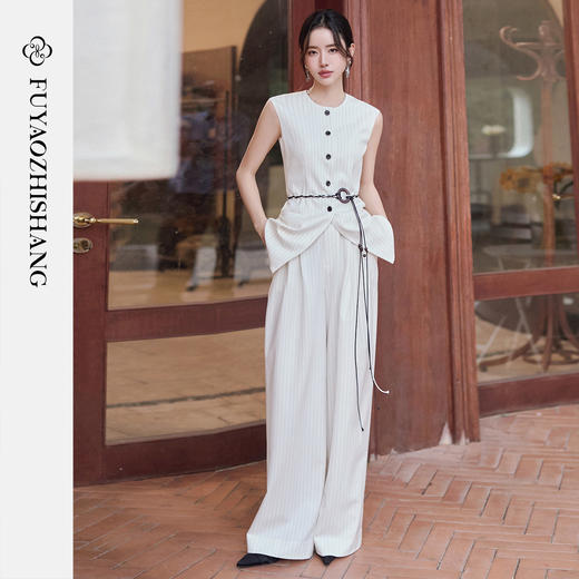 FUYAO扶摇直上 戏蕴东方风 条纹阔腿裤两件套女夏老钱风无袖外套 商品图1