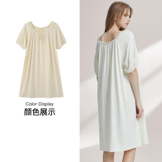 【7.5折限时特惠】（大版）【秀黛】女圆领针织提花短袖裙锦棉悬垂清爽收褶方V领女士夏季短袖睡裙W2551085T【门店同款】 商品图3