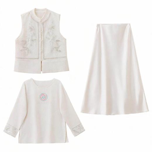 春季新款中式钉珠亮片国风重工刺绣马甲衬衫半裙三件套HMQY2604-2 商品图4